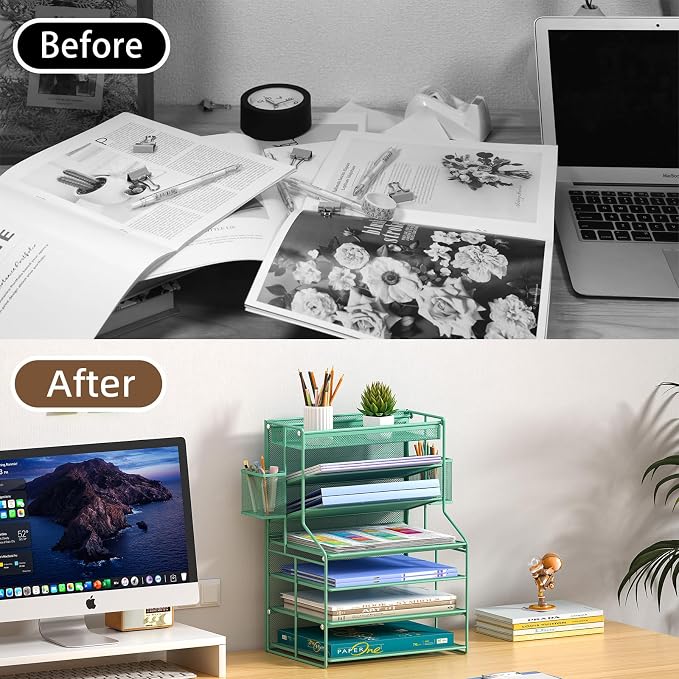 Green 7 Tier Office File Organizer, Letter Tray Paper Organizer with Pen Holder and Metal Hanging Basket, Vertical Desktop File Holder for Home Office Organization