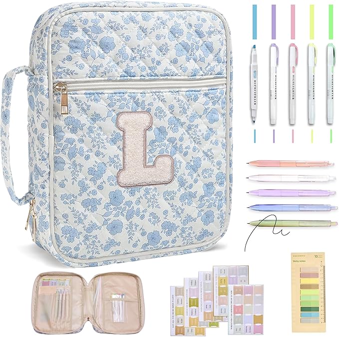 Personalized Initial Bible Cover Case for Women – Large Quilted Bible Bag with Handle, Chenille Letter, Bible Study Kit, Christian Gift for Mom, Grandma & Daughter (Blue Floral-L)