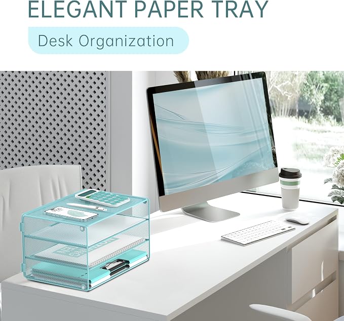 DALTACK 3 Tier Letter Tray Paper Organizer for Desk, Mesh Metal Desk File Organizer with Sliding Trays for Letter/A4 Paper, Mail, Bills & Folders, Blue