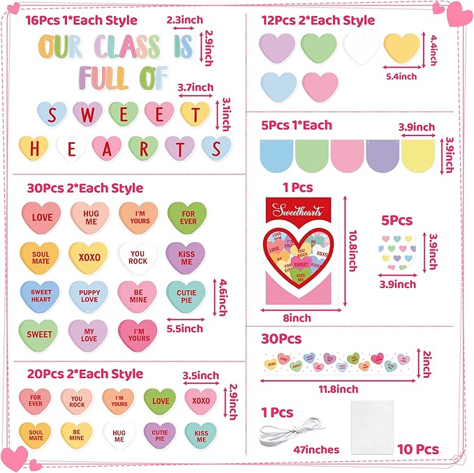 130Pcs Valentine’s Day Conversation Heart Bulletin Board Classroom Decoration Set, Sweet Candy Heart Cutouts Banner Name Tags, School Classroom Chalkboard Wall Decor Valentines Party Supplies