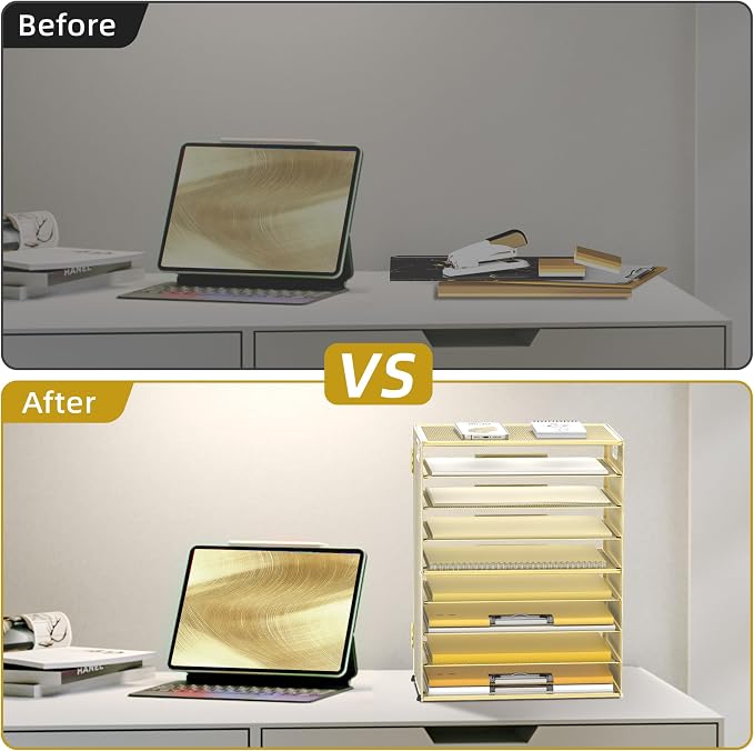 DALTACK 9-Tier Paper Organizer for Desk, Mesh Letter Tray Desk Organizer with Handles, Space-Saving File Organizer for Office Home School, Gold