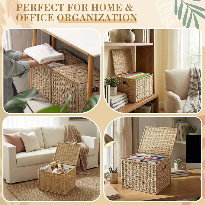 Jingmore Paper Rope File Box Organizer with 25 Hanging File Folders, Collapsible Letter Size Filing Storage Box with Lid, Handwoven Document Basket, Decorative Document Storage for Office & Home