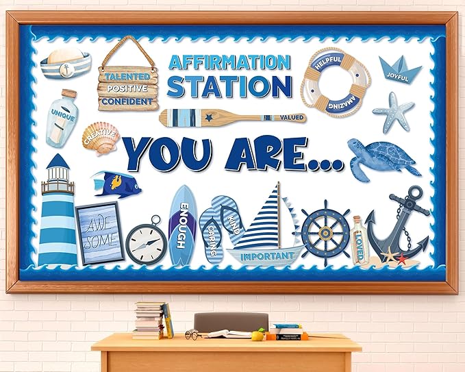 Nautical Themed Affirmation Station Bulletin Board Set Ocean Motivational Classroom Decorations Positive Sailor Paper Cutouts Under The Sea Bulletin Board Borders for School Office Wall Door Decor