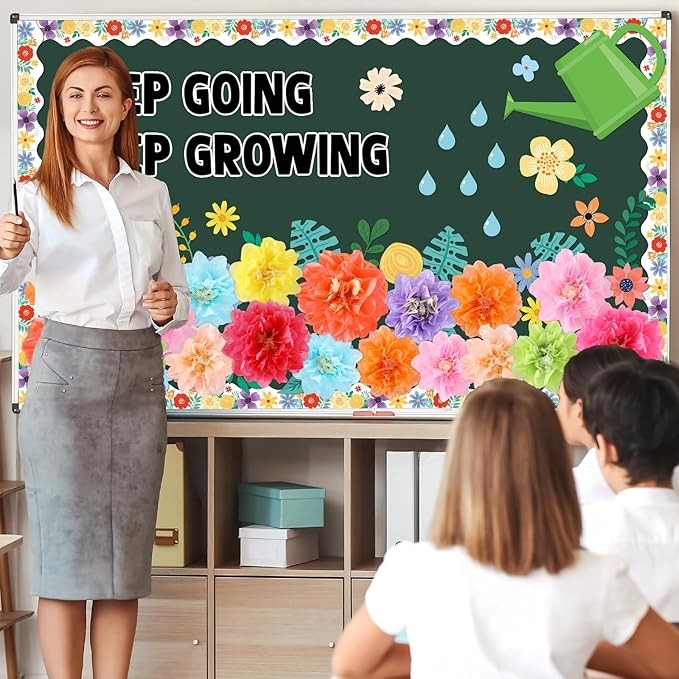 3D Summer Wildflowers Bulletin Board Set Keep Going Keep Growing Bulletin Board Paper Flowers Classroom Decorations Floral Blackboard Border Sunflower Cutout for Back to School Classroom Wall Decor