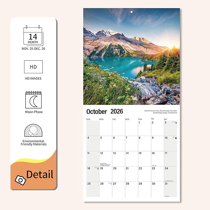 Wall Calendar 2026 Planner Calendar - Brilliant Seasons Hangable Monthly Wall Calendar with Large Blocks for Organizing & Planning, Academic Schedule, Home, Office & family, Thick & Sturdy Paper (12"x24" Open)