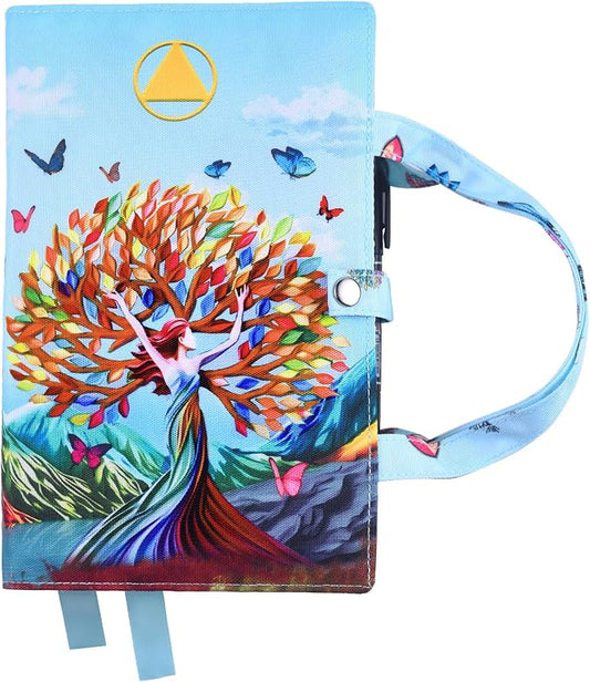 LParkin Soft Canvas AA Big Book Cover with Pockets for Women, Double AA Book Covers for Hardcover, Alcoholics Anonymous Gifts Fit AA Big Book Hardcover and 12 &12, Sober Design Women Tree of Life