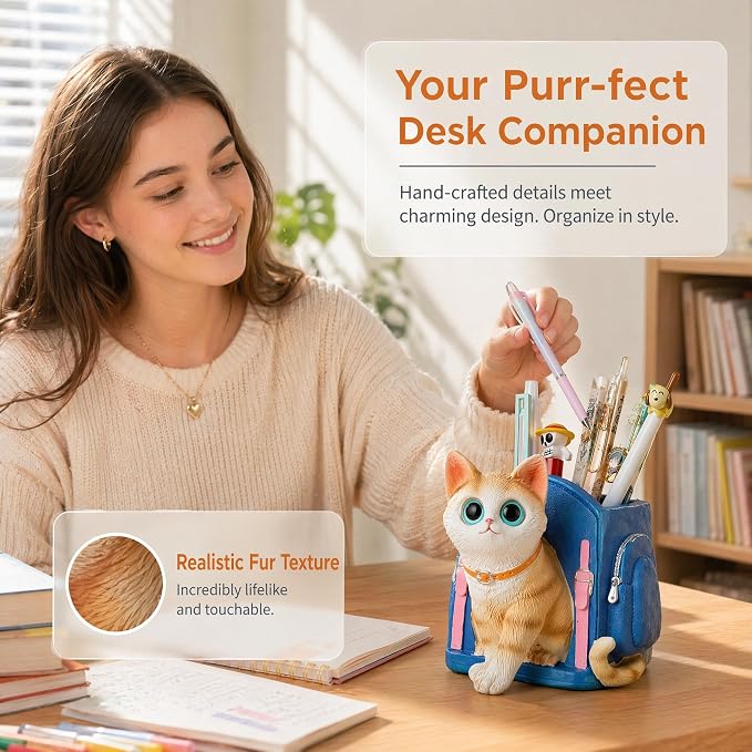 Cute Lucky Cat Pen Holder for Desk, 2026 New Cat Pencil Holder, Cat Lover Gifts for Women, Cat Desk Accessories Decor for Home Office School, Gifts for Cat Lovers