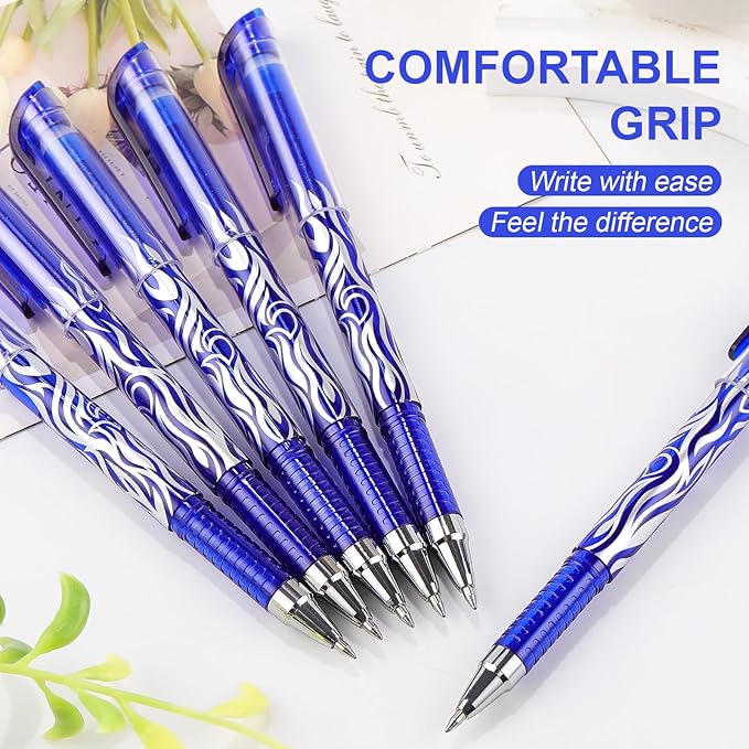 RIANCY 8 Pack Blue Ink Erasable Gel Pens, 0.5mm Fine Point, Flame Patterned Barrel, Comfortable Grip, with Eraser, Ideal for Journaling, School Work, Office Tasks, Note Taking, DIY Projects