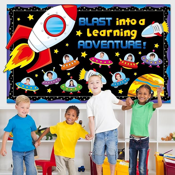 Outer Space Bulletin Board Set Blast into A Learning Adventure Classroom Bulletin Board Decorations Spacecraft DIY Photo Space Themed Cutouts for Back to School Kids Classroom Chalkboard Wall Decor