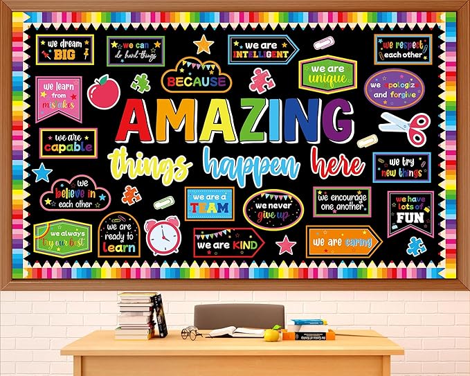 gisgfim Welcome Back to School Bulletin Board Decorations Set Amazing Things Happen Here Classroom Colorful Paper Cutouts Motivational Pencil Bulletin Board Borders Decor for Nursery Chalkboard Wall
