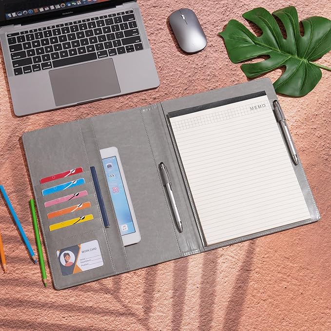 Wonderpool A4 PU Leather Clipboard Partfolio Notepad Forms Holders Document Case - Interview Planner Meeting Writing Padfolio File for Office Travel School Hotel (Grey, A4)