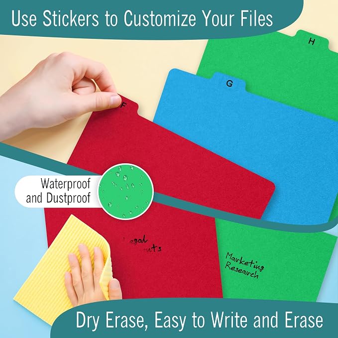 Alphabetical File Organizer, 25 Plastic Alphabet Dividers with Tabs Letter Size File Cabinet Dividers, Self Adhesive A-Z Labels – 5 Assorted Colors, 1/5 Cut Tabs for Filing Cabinet
