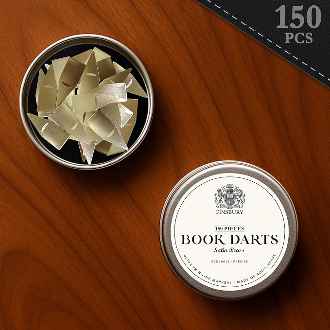 Gold Book Darts Line Markers with Protective Tin - Precision Mini Book Mark Page Markers for Reading and Study - Reusable & Archival Quality (Brass, 150)