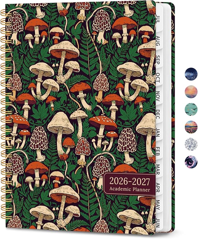 Planner 2026-2027, Monthly and Weekly Calendar Academic Planner July 2026 - June 2027, Hardcover Student Teacher Planning Agenda Book with Tabs, Perfect for Office School Supplies, A5 (6.3" x 8.5") - Autumn Fungi