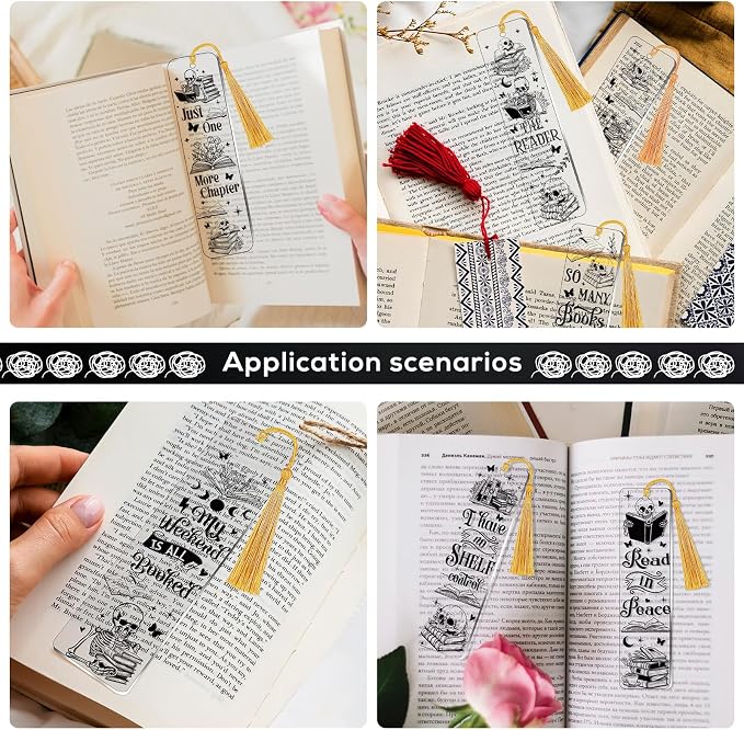 UV DTF Bookmark Wraps - 24 Sheets Skeleton Reading Books UV DTF Stickers for Acrylic Bookmark Blanks, Black Skull Romantic Rub on Transfer Decals for Book Lover DIY Crafts Gift