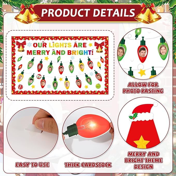 Christmas Bulletin Board Set Xmas Merry and Bright Classroom Decorations Light Bulb DIY Photo Paper Cutouts Winter Holiday Bulletin Board Border for School Wall Xmas Party Decor Teacher Supplies