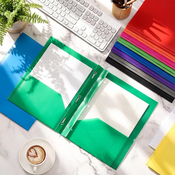Cholemy 72 Packs Pocket Folders with Prongs Heavy Duty Plastic Folder with Business Card Slot 3 Prong Fasteners for School Office (Rainbow)