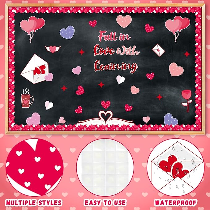 83Pcs Valentine's Day Red Heart Bulletin Board Decoration Set February Fall in Love with Learning Theme Cutouts for Classroom Pink Red Heart Church School Home Chalkboard Wall Door Party Decor