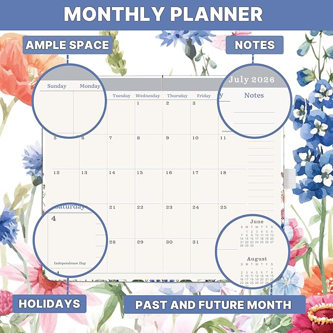 2026-2029 Pocket Calendar - Pocket Planner from Jul. 2026 to Jun. 2029, 3 Year Clendar Monthly Planner 2026-2029, 6.3" x 3.7", 60 Note Pages, Pen Holder, Pockets - Flowers