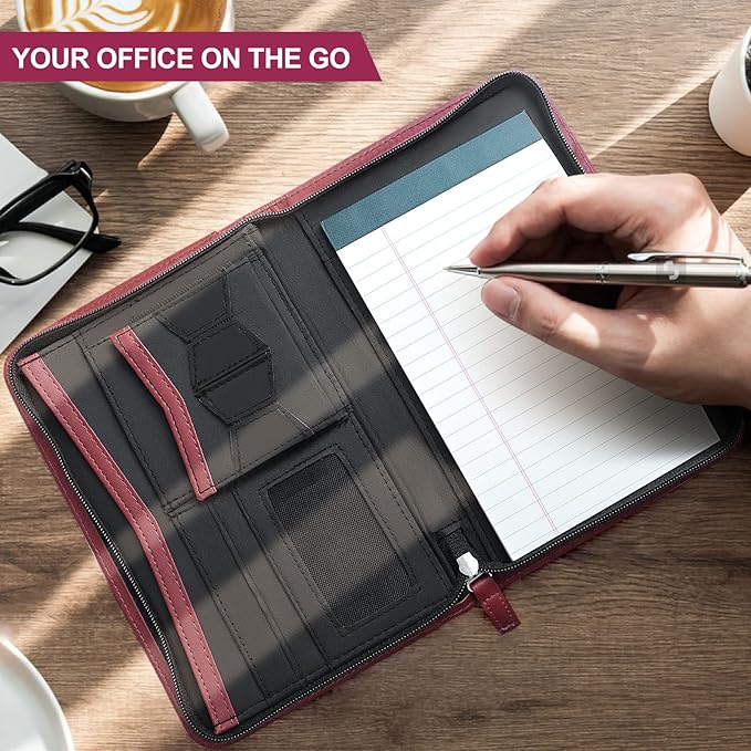 Godery Mini Leather Zippered Padfolio Portfolio Binder 5 x 8 Legal Writing Pad, Professional Business Portfolio for Men & Women, Card Holder, Notepad Clipboard Holder, Red