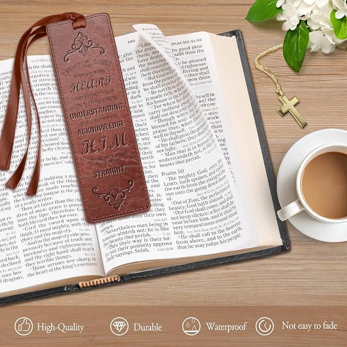 FINPAC Leather Bible Bookmarks, Vegan Religious Bookmarks, Bible Verse Book Markers Church Gifts for Women Men [Trust in The Lord with All Your Heart] - Vintage Brown