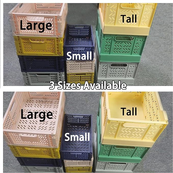 Domiella 2-Pack Crates for Storage, Storage Crates Plastic Stackable, Foldable Crate for Office Home Kitchen Bedroom Bathroom (Small, Blue)