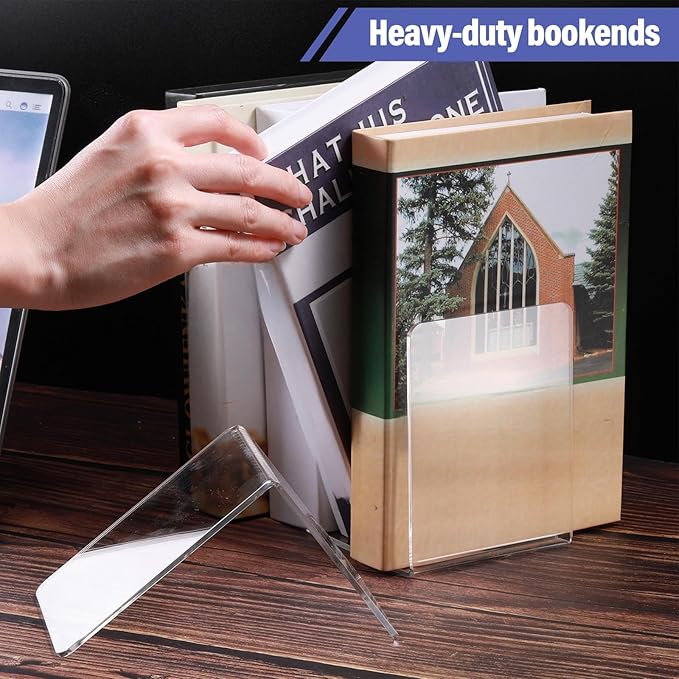 Yulejo 2 Pcs Book Ends Clear Acrylic Bookends for Shelves Heavy Duty L Shaped Dividers Files Stopper for School Library Home Movies Cds File