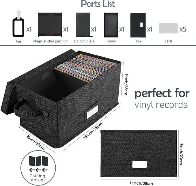 Woodoulogy Vinyl Record Storage Box for 7"/45 RPM LPs, Black Case with Lid Holds up to 80 Albums, CD Crate Play Music Collection Holder, Collapsible File Folder Cabinet Organizer with Handle