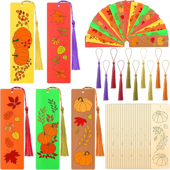 AmazingSpark 100 Pcs Fall Wood Bookmarks DIY Crafts Kit, 50 Set Color Your Own Blank Bookmarks with Tassel Autumn Leaves Pumpkins for Thanksgiving Art Reward