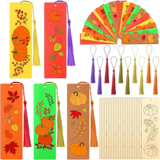 AmazingSpark 100 Pcs Fall Wood Bookmarks DIY Crafts Kit, 50 Set Color Your Own Blank Bookmarks with Tassel Autumn Leaves Pumpkins for Thanksgiving Art Reward