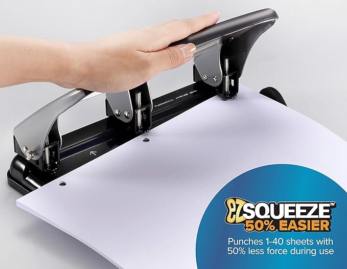 Bostitch Office Heavy Duty 40-Sheet 3 Hole Punch and One Finger Stapler with 210 Staples, Staple Remover, and Hidden Storage