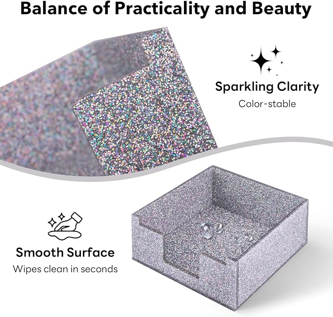 Silver Sparkling Sticky Note Holder, Glitter Acrylic Organizer, 3.94 x 3.94 in Multi-Use Tray for Office, School & Home Desk