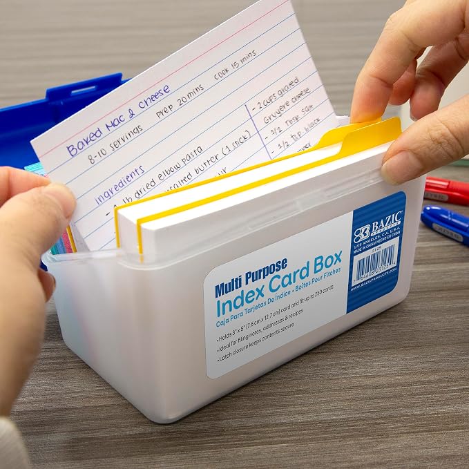 BAZIC Products Index Card File Box, 3 x 5 in, Holds 250 Cards, Latch Lid, for Study Office Recipes, Case of 36