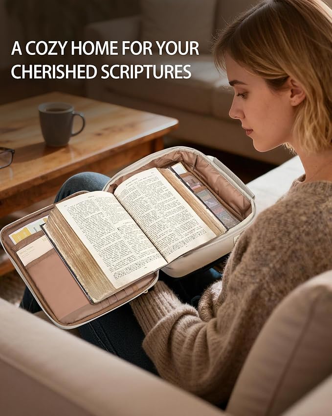 Bible Cover Case for Women, Large Quilted Puffer Bible Bag with Shoulder Strap, Womens Book Carrying Case for Church, Cute Bible Carrier Study Supplies Gifts for Christian Lady, Sand Beige