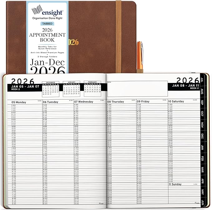 Ensight 2026 Hardcover Appointment Book & Planner 8.5" x 11" inches Large Tabbed Daily Hourly Weekly Planner Schedule Book 15 Minute time Slots Business & Personal Planner Jan 2026 Dec 2026 Brown