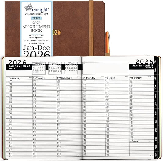 Ensight 2026 Hardcover Appointment Book & Planner 8.5" x 11" inches Large Tabbed Daily Hourly Weekly Planner Schedule Book 15 Minute time Slots Business & Personal Planner Jan 2026 Dec 2026 Brown
