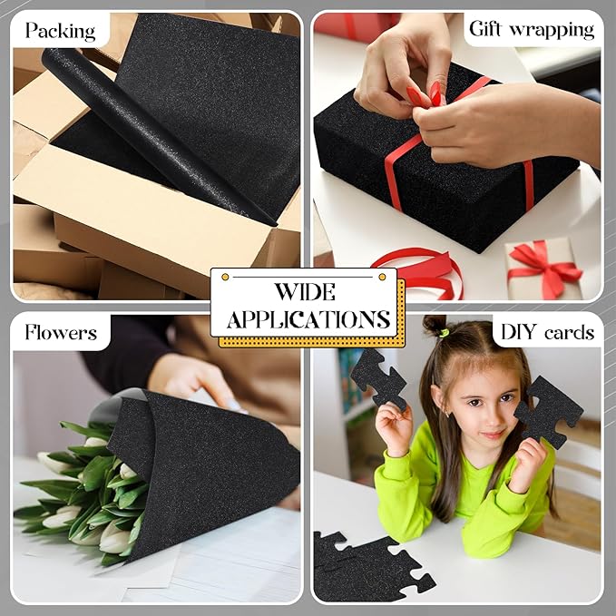 gisgfim 16" x20ft Glitter Bulletin Board Paper Roll Sparkle Color Bulletin Board Background Poster Paper Non Fading Gift Wrapping DIY Art Crafts for Office Classroom Decoration, Black