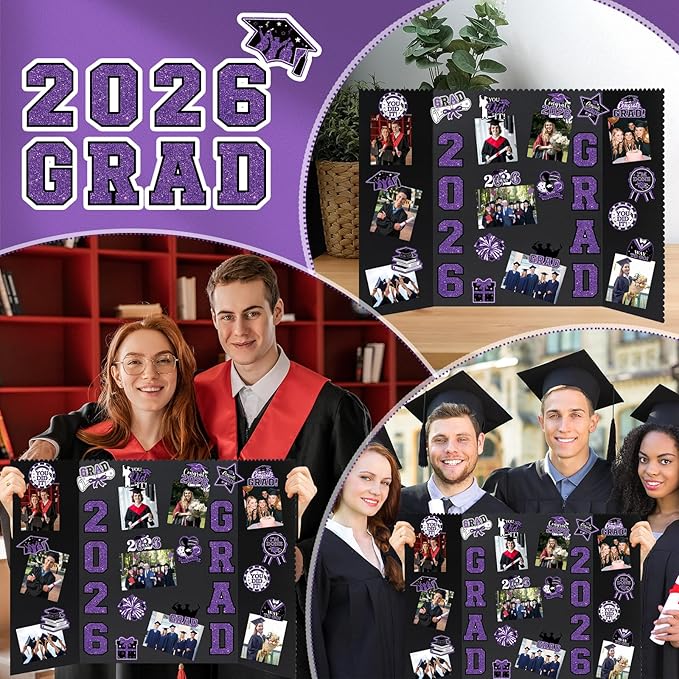 4 Set Graduation Photo Display Board, Class of 2026 Black Purple Trifold Poster Board with Grad Pattern Stickers, Graduation Photo Props Collage for Multiple Pictures Party Decorations, 16x24 Inch