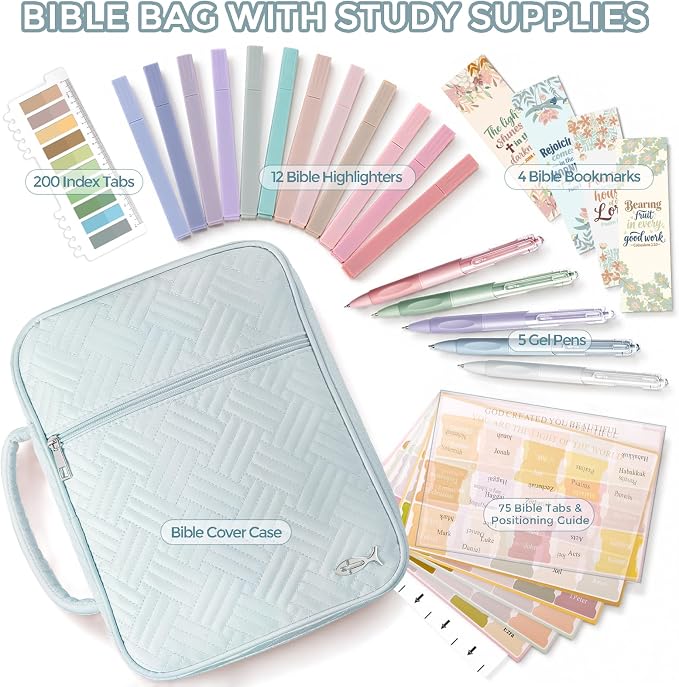 XKDOUS Bible Cover Case for Women, Large Bible Cover with Durable Handle, Washable Quilted Bible Case, Bible Study Supplies & Christian Gifts for Mom, Women, Men (Light Blue)