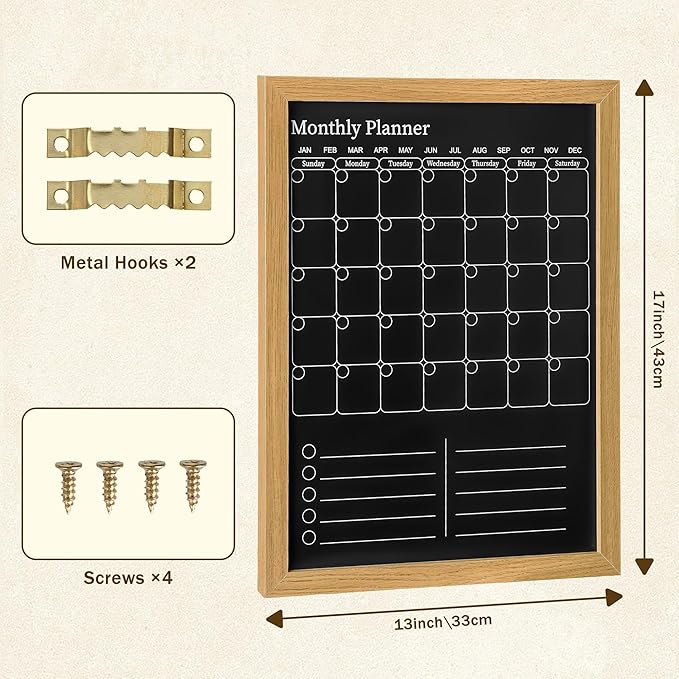 Magnetic Chalkboard Calendar for Wall – 17x13 Monthly Dry Erase Planner with Natural Wood Frame, 2-in-1 Vertical Memo & to-Do Board