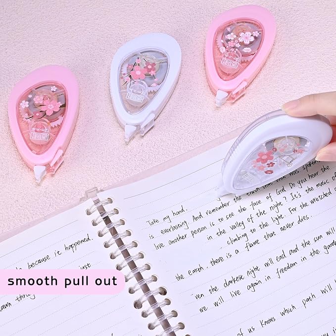 Temiary 4 Pcs White Smooth Pull Out Correction Tape, Quick Dry Applicator for Instant Corrections, Aesthetic Flower Pattern Correction Tapes for Students School Office Supplies (Cherry Blossom)