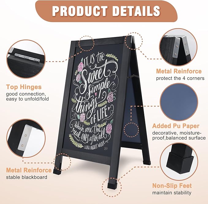 SELEAD Solid Wood A-Frame Chalkboard - 40" x 20" Magnetic Sandwich Board Signs Outdoor Standing Chalk Board Easel Sidewalk Pizarra for Menu, Business, Cafe, Event - Black
