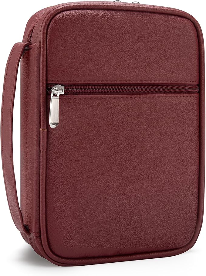 Small Bible Cover Case for Women and Men, 9x6 PU Leather Bible Sleeve, Compact Travel Bible Carrier Bag with Front Pen Holders, Zipper Closure, Inner Pockets - Burgundy Red