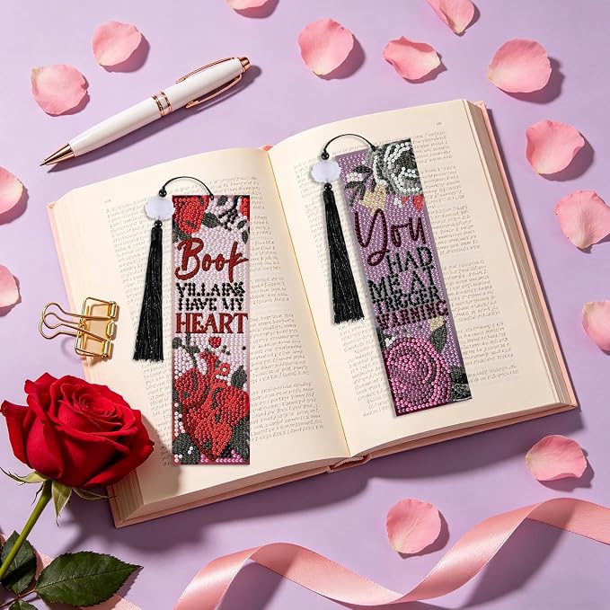 8 Pieces Dark Romance Diamond Art Bookmarks 5d Beaded Bookmark Acrylic Tassel Bookmark for DIY Making Beginners Adults Arts Craft Supplies (Dark Romance)
