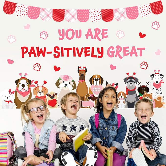JarThenaAMCS 73Pcs Valentine's Day Pet Dog Bulletin Board Decoration Set Cute Puppy Heart Theme Cutouts for Classroom Wall Decor Wedding Anniversary Supplies