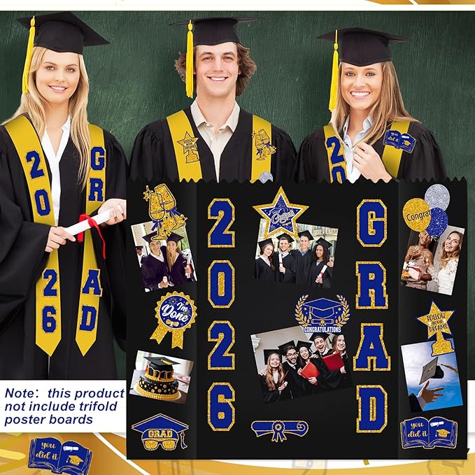AmazingSpark 2 Sets Graduation Photo Display Board Trifold Poster Board with 12 Graduation Themed Stickers for 2026 Grad Party Decoration Picture Collage Frame Supplies (40 x 28,Blue Gold)