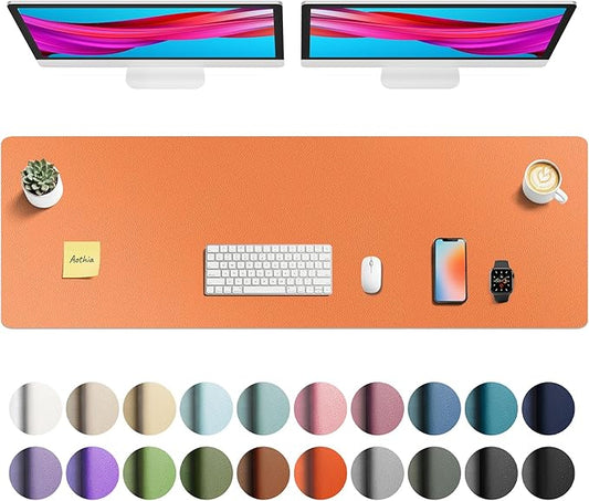 Aothia Faux Leather Desk Mat - Large Mouse Pad, Non-Slip PU Leather Blotter, Waterproof Writing Surface for Office and Home (Hermes Orange, 55" x 17")
