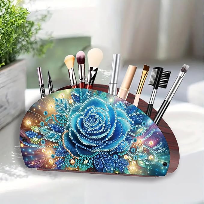 Remote Control Holder with 4 Compartments, DIY Diamond Art Painting Wooden Half Moon TV Control Holder for Remote Controllers, Office Supplies, Makeup Brush, Media Accessories-Blue Rose