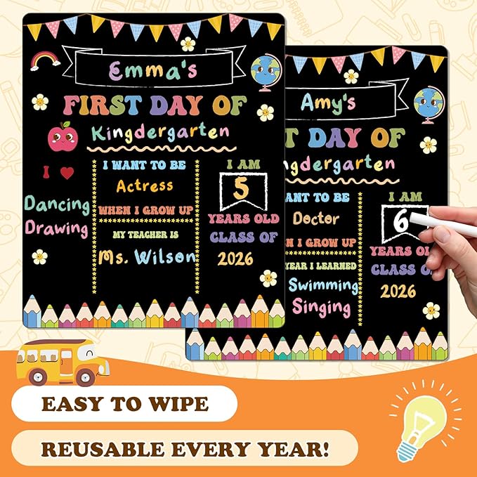 AmazingSpark First and Last Day of School Sign Board Double Sided 1st Back to School Supplies 10"x12" for Kids Preschool Kindergarten Chalk Board, Cute Crayon Retro Groovy Photo Reusable(Vintage)