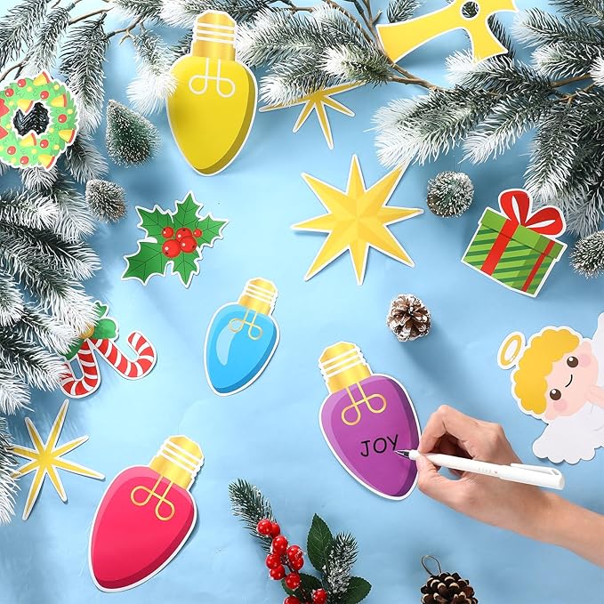 82 Pcs Christmas Religious Bulletin Board Decorations Colorful Light Bulb Jesus the Light of the World Cutouts Xmas Christian Faith Bulletin Board for Sunday School Classroom Decoration
